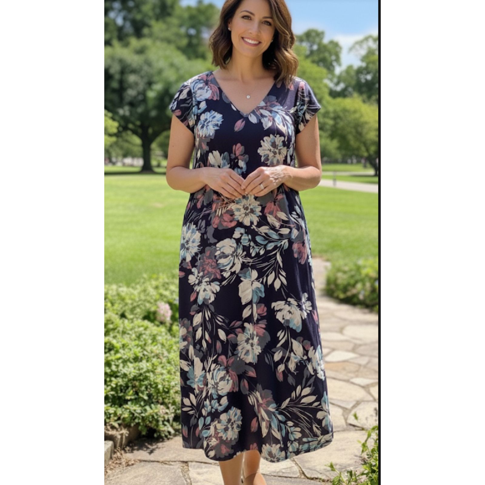 J Jill Size Xs Dress Floral Purple Maxi Short Sleeve Rayon Pockets Romantic
